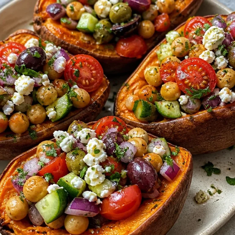 Mediterranean stuffed sweet potatoes topped with fresh herbs and spices.