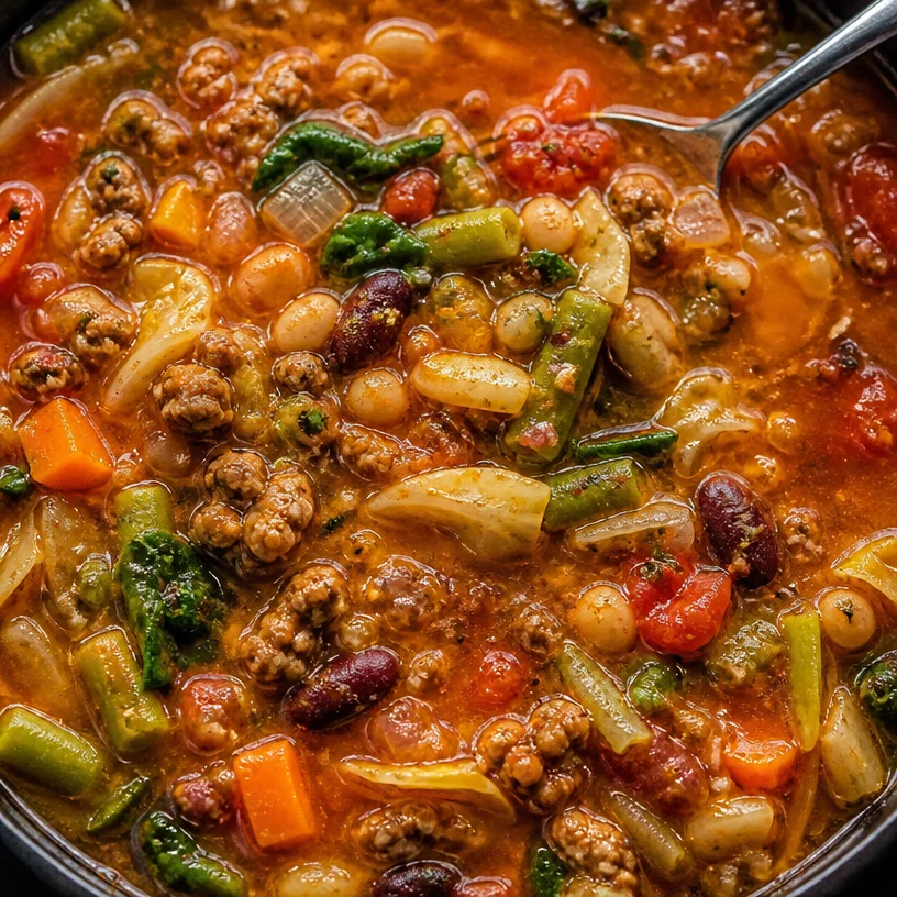 Bowl of nutrient-packed weight loss soup filled with vegetables and herbs