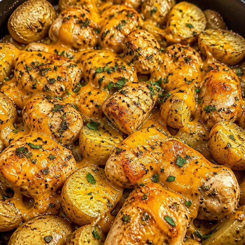 One Pan Ranch Chicken and Potatoes dish served on a white plate