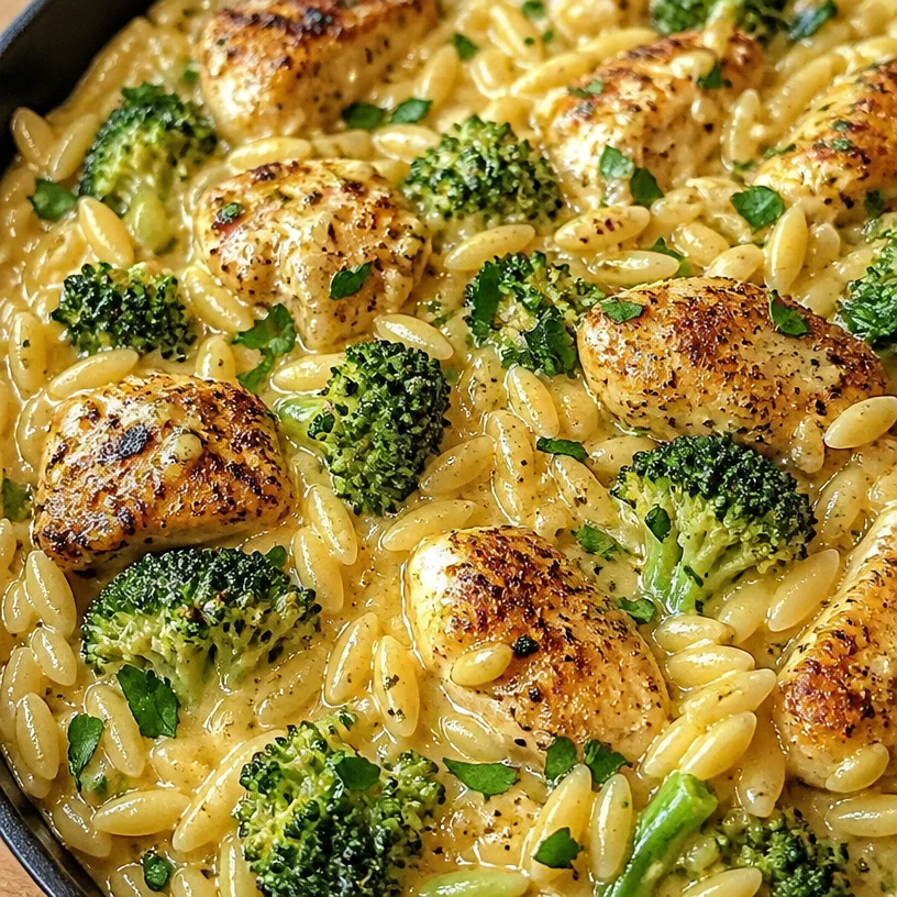 Creamy One Pot Broccoli Cheese Orzo prepared in a skillet