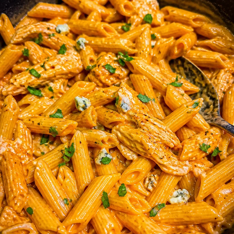 One-Pot Creamy Buffalo Chicken Pasta dish garnished with green onions and cheese
