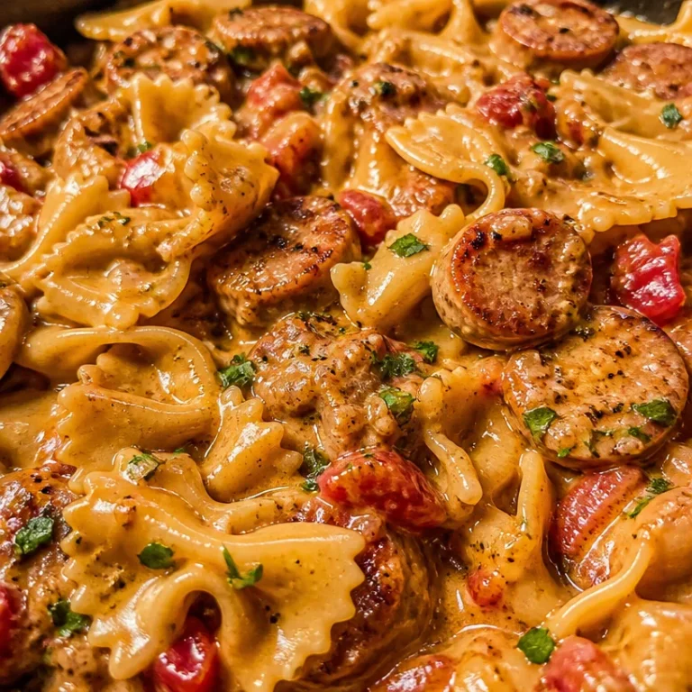 One Pot Creamy Cajun Sausage Pasta in a bowl garnished with herbs