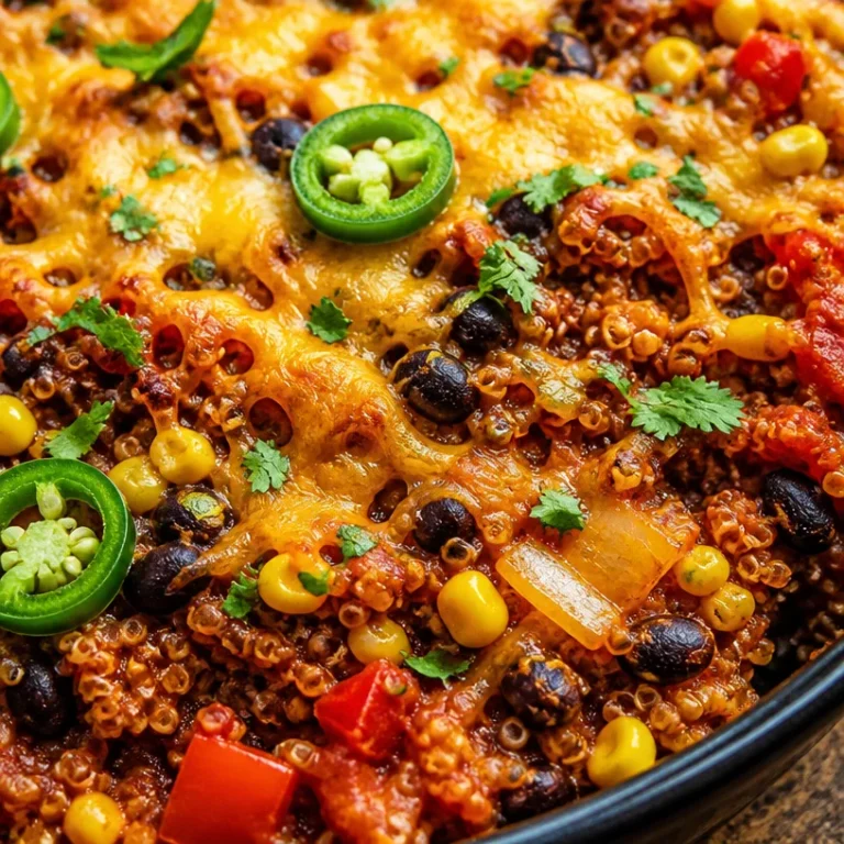 Quinoa and bean bake in a ceramic dish, topped with herbs and served hot.
