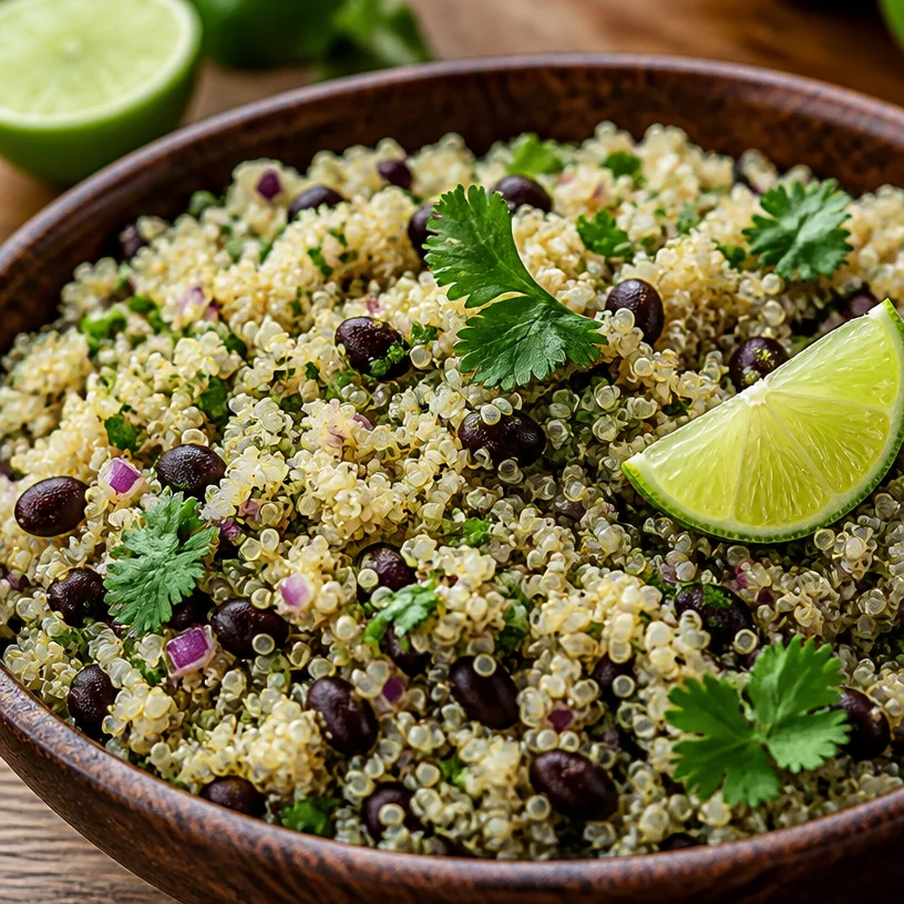 Quinoa black bean salad with cilantro and lime served in a bowl