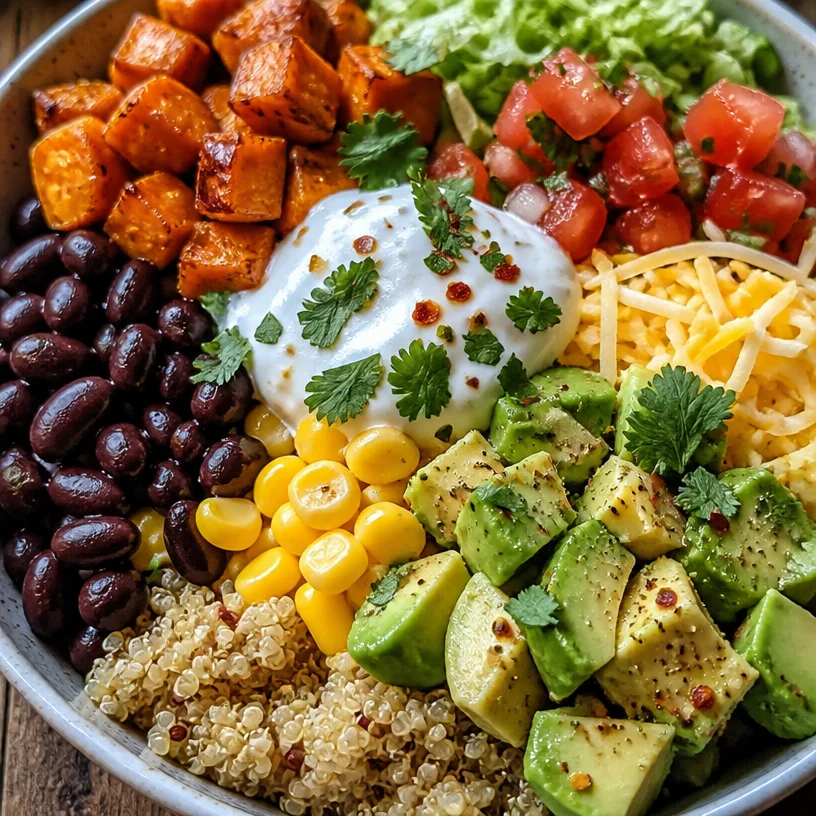 Colorful quinoa burrito bowl filled with fresh ingredients and toppings