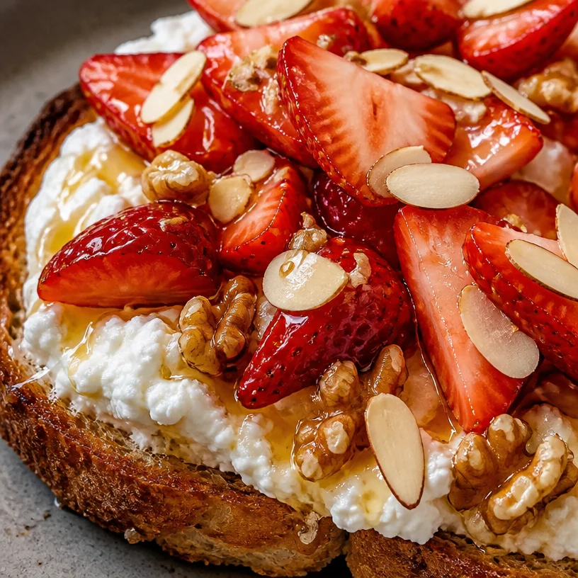 Delicious ricotta honey toast topped with fresh honey and nuts.