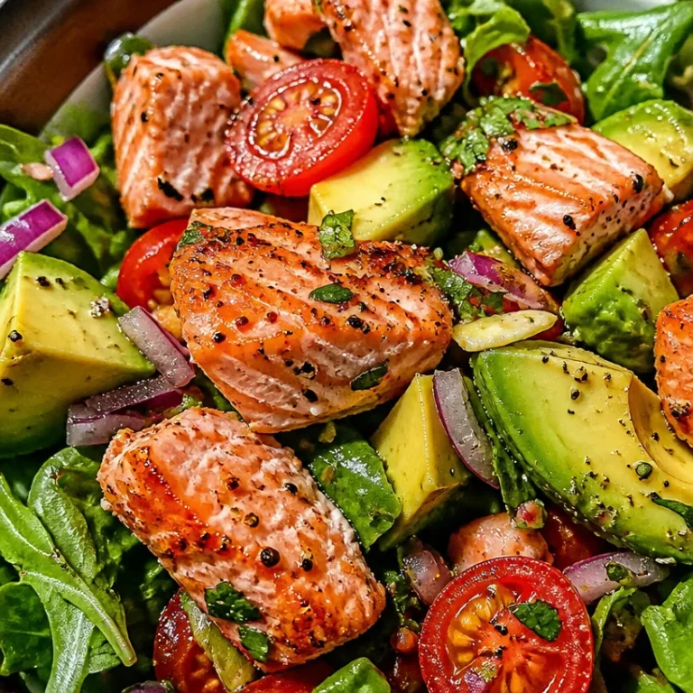Fresh salmon and avocado salad in a bowl topped with greens and dressing.