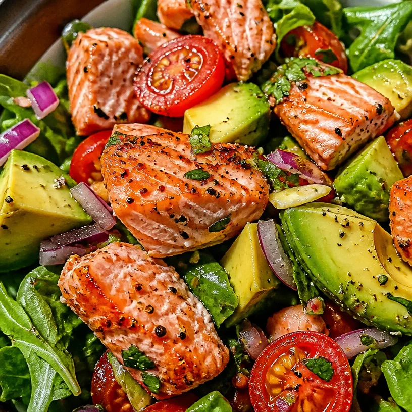 Fresh salmon and avocado salad in a bowl topped with greens and dressing.