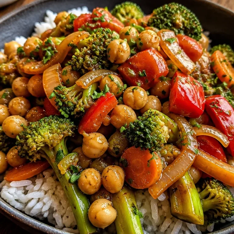 Colorful chickpea stir fry bowl with vegetables and spices
