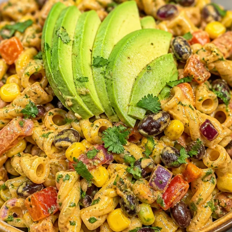 Bowl of Southwest Pasta Salad with Spicy Garlic Dressing and colorful vegetables