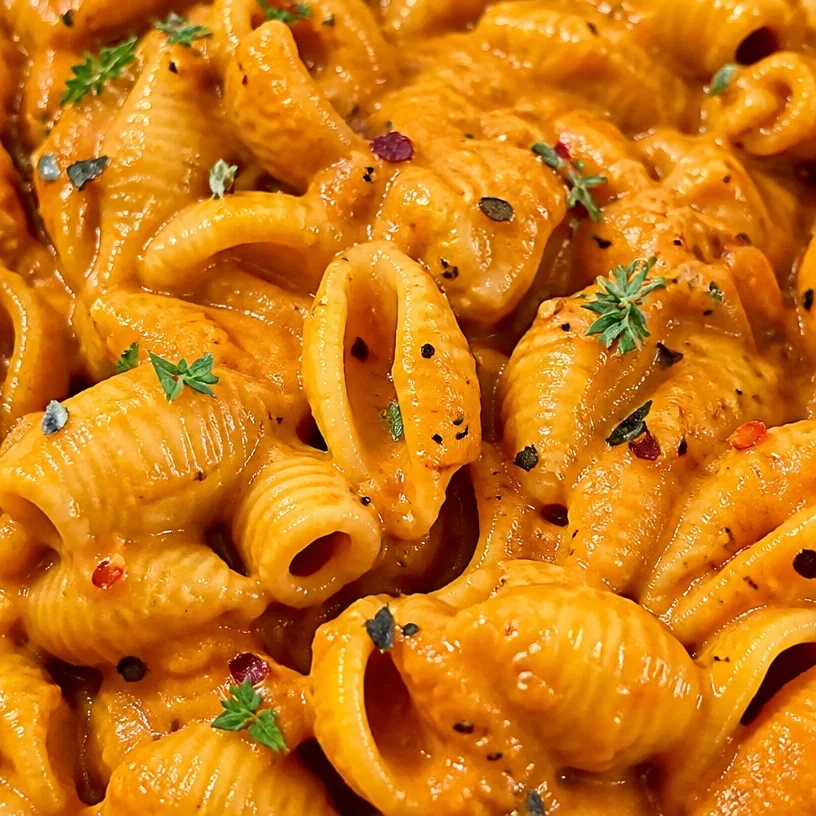 A bowl of spicy butternut squash pasta topped with fresh herbs and parmesan cheese.