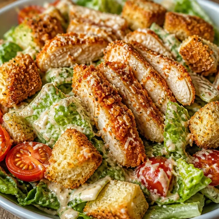 Spicy Chicken Caesar Salad topped with grilled chicken and crunchy croutons