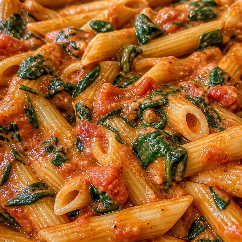 A bowl of vibrant Spinach Tomato Pasta garnished with fresh herbs.