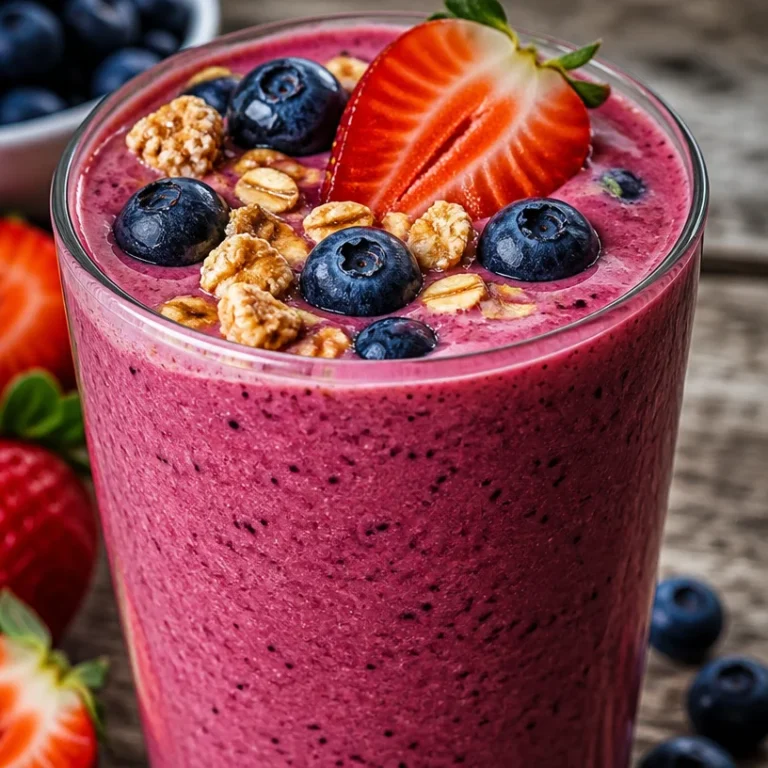Strawberry blueberry smoothie in a glass with fresh berries on the side.