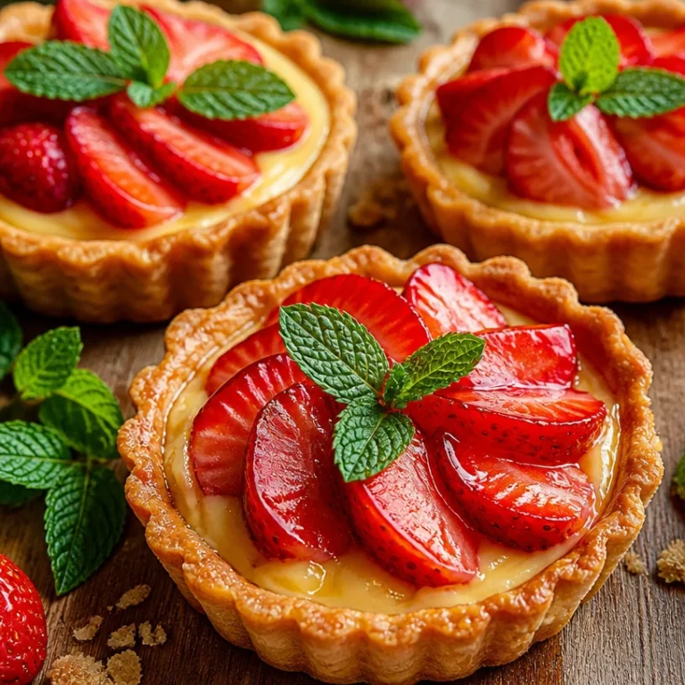 Delicious Strawberry Honey Custard Tarts topped with fresh strawberries.