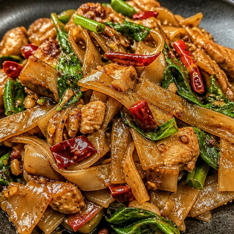 Plate of street style Thai Drunken Noodles garnished with basil and vegetables