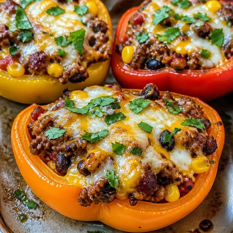 A plate of vibrant stuffed bell peppers filled with rice, ground meat, and herbs.