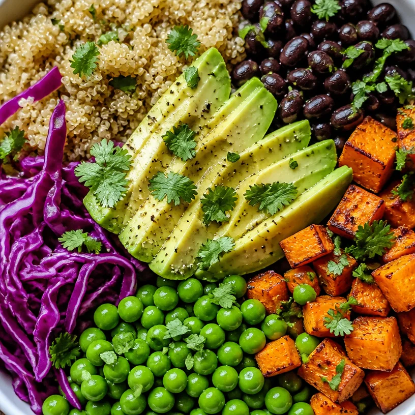 Sweet Potato Buddha Bowl with quinoa and black beans topped with fresh herbs