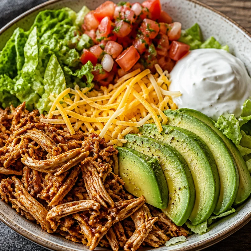 Colorful taco salad bowls topped with shredded chicken, fresh veggies, and toppings.