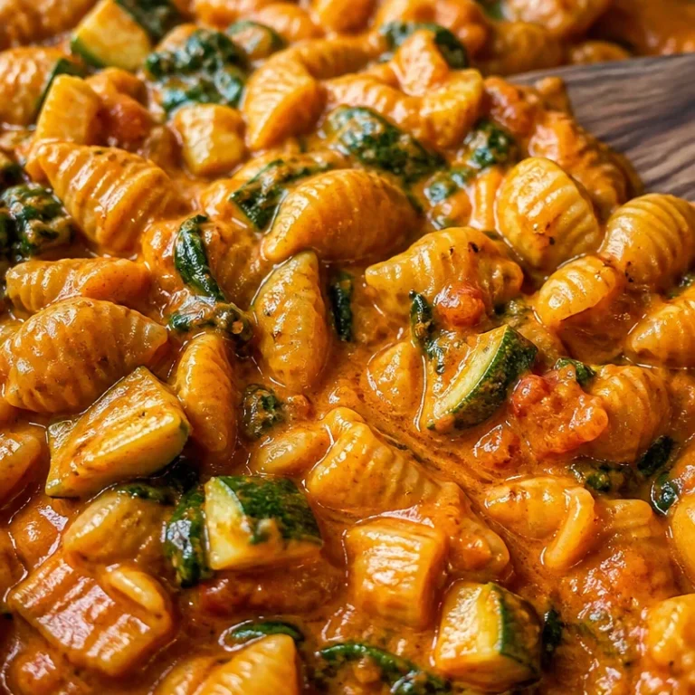Vegan creamy chili sauce with zucchini and spinach served over pasta