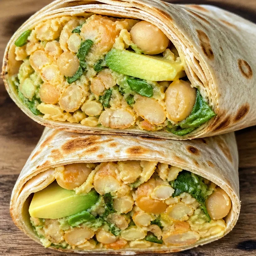 Vegan avocado chickpea wraps on a plate with fresh vegetables and herbs.