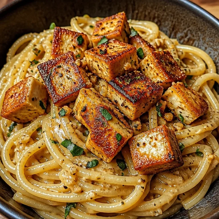 A bowl of creamy Vegan Carbonara topped with parsley and black pepper.