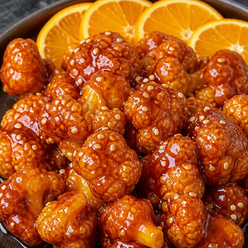 Vegan Orange Cauliflower with glaze on a plate, perfect for a healthy meal.