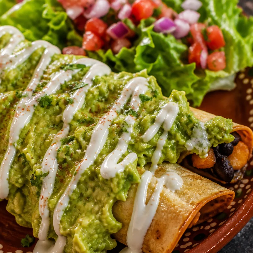 Plate of delicious homemade vegan taquitos with fresh toppings