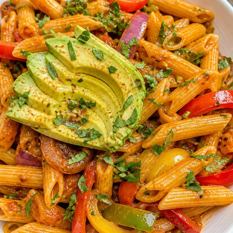 Bowl of vegetarian fajita pasta with colorful peppers and herbs