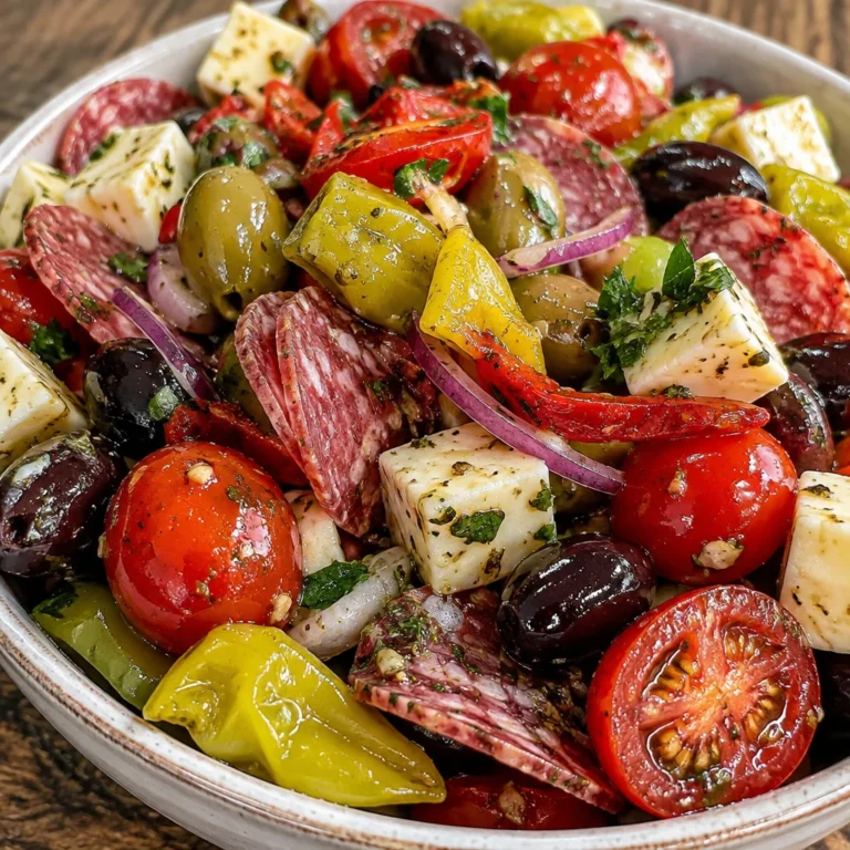 Colorful antipasto salad with meats, cheeses, and vegetables served in a bowl