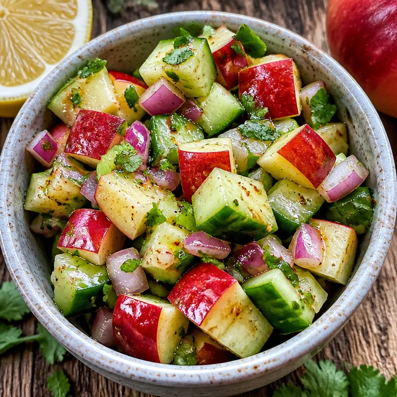 Fresh Apple Cucumber Salad with vibrant greens and apples served in a bowl.