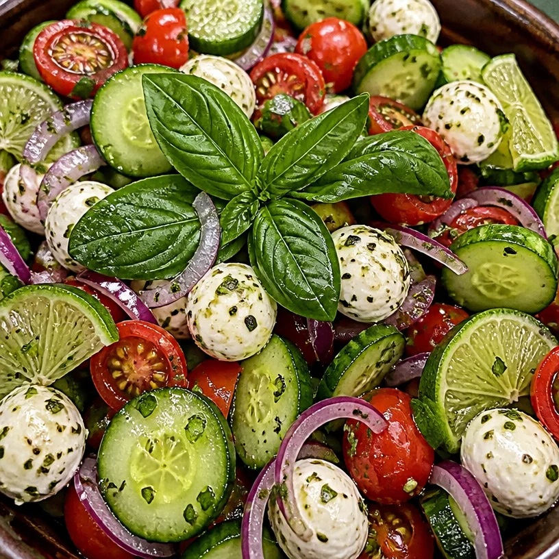 Basil Salad with Fresh Lime Dressing served in a bowl with vibrant greens and lime slices
