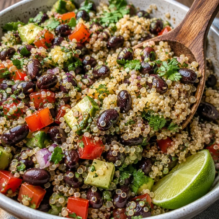 Colorful Black Bean Quinoa Salad with vegetables and dressing in a bowl.