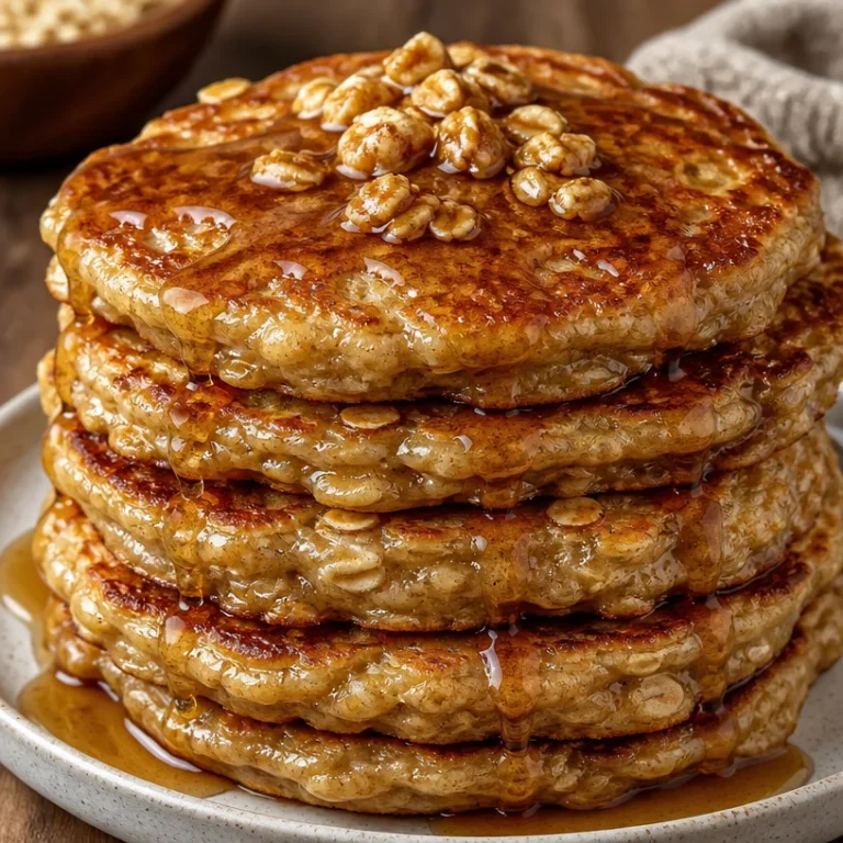 Plate of brown sugar oatmeal pancakes topped with fresh fruit and syrup