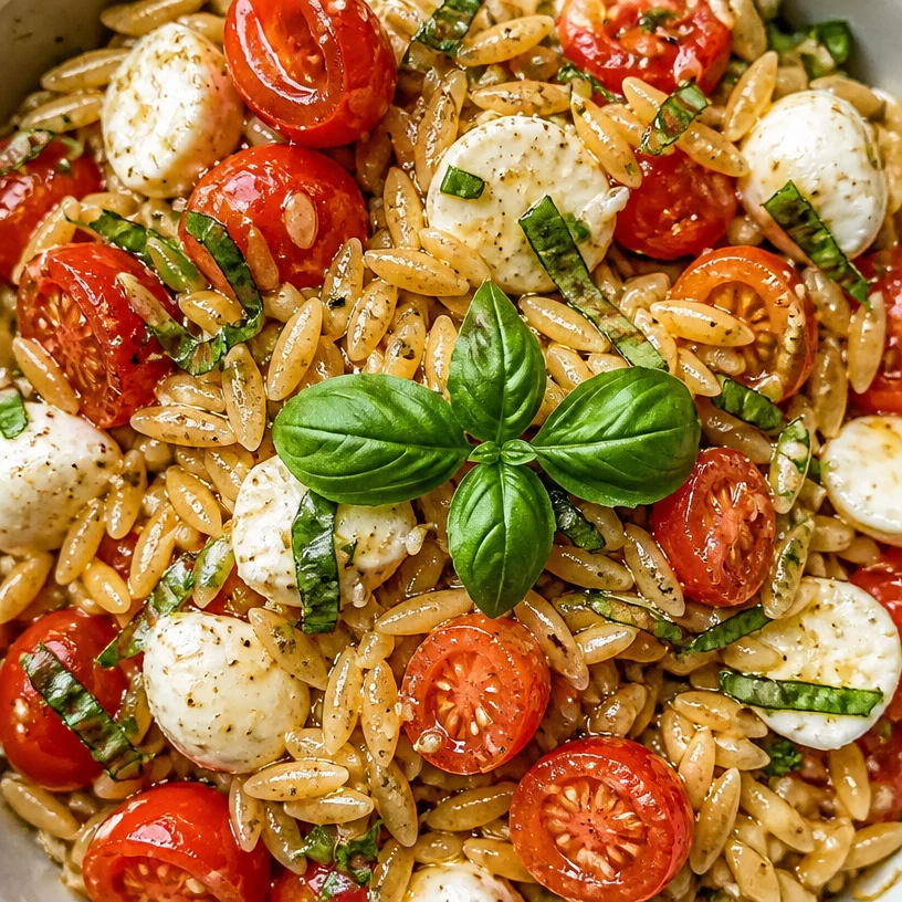 Delicious Caprese Orzo Salad with tomatoes, mozzarella, and fresh basil.