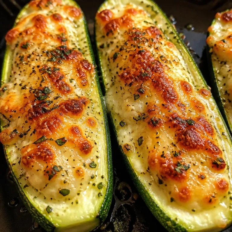 Delicious cheese stuffed zucchini boats fresh out of the oven.