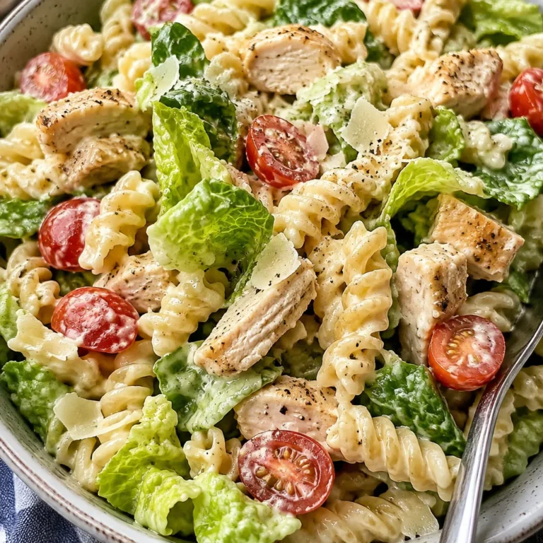 Healthy Chicken Caesar Pasta Salad with fresh ingredients and Caesar dressing