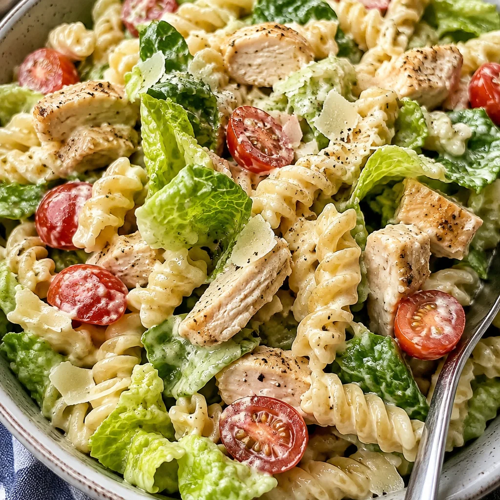 Healthy Chicken Caesar Pasta Salad with fresh ingredients and Caesar dressing