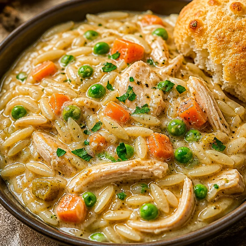 Delicious Chicken Pot Pie Orzo served in a bowl.