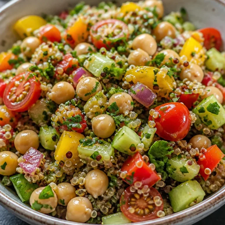 Chickpea quinoa salad bowl with fresh vegetables and dressing