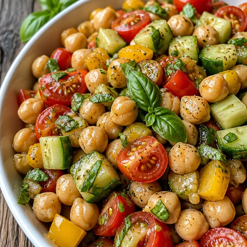 A vibrant chickpea salad loaded with vegetables and dressing.