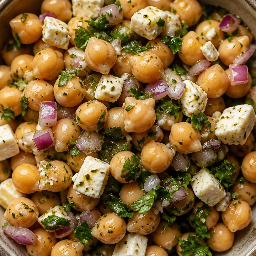 Chickpea salad with lemon vinaigrette and feta cheese served in a bowl