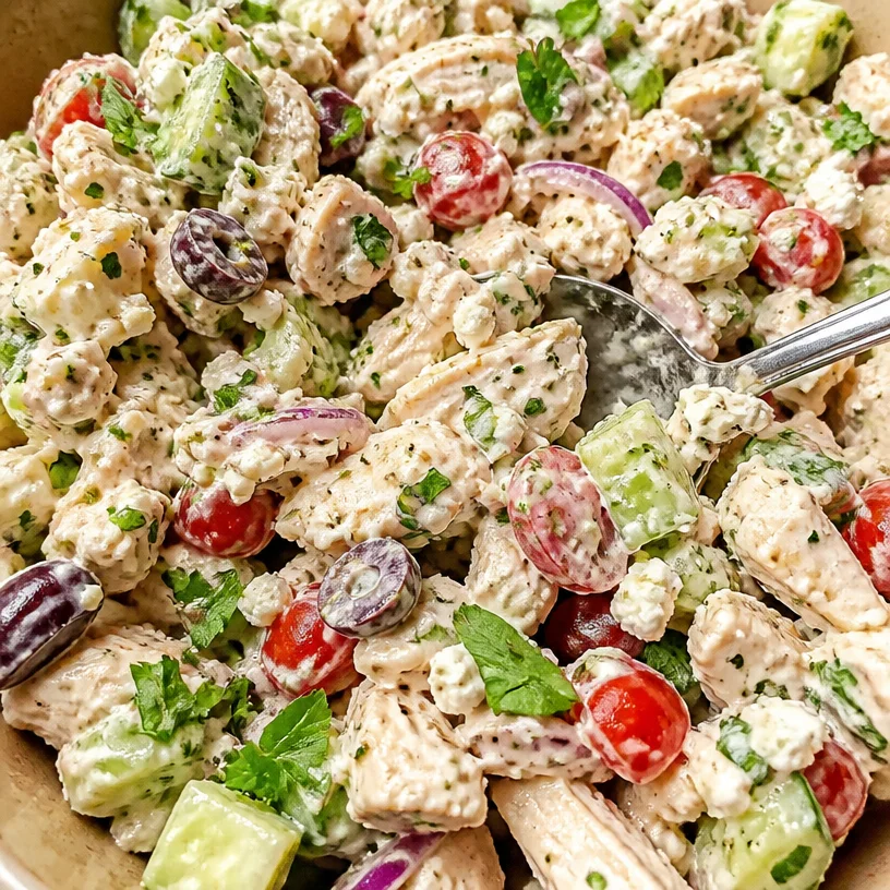 Creamy Greek yogurt chicken salad in a bowl with fresh ingredients.