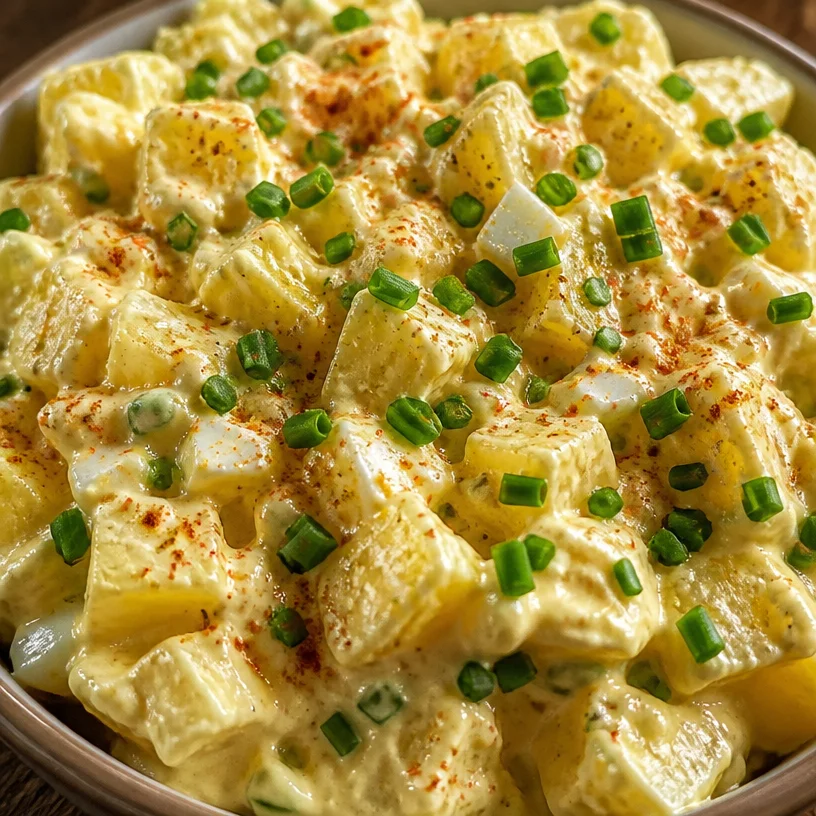 Creamy potato salad served in a bowl at a summer picnic.