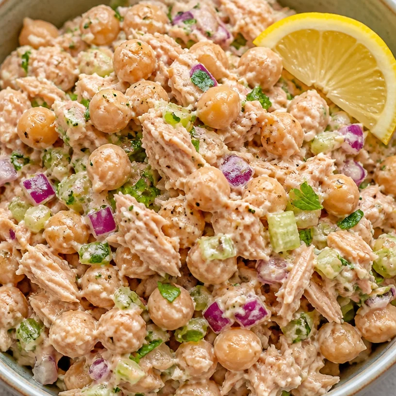 Creamy tuna chickpea salad with fresh ingredients and a delicious dressing