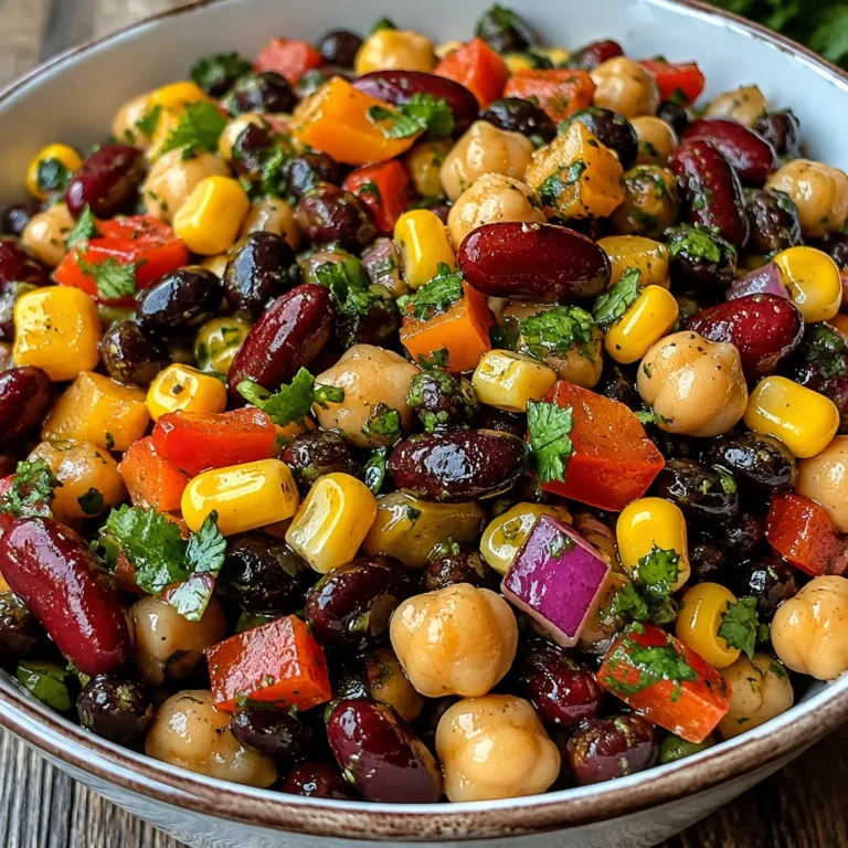 Dense bean salad with colorful vegetables and a zesty dressing