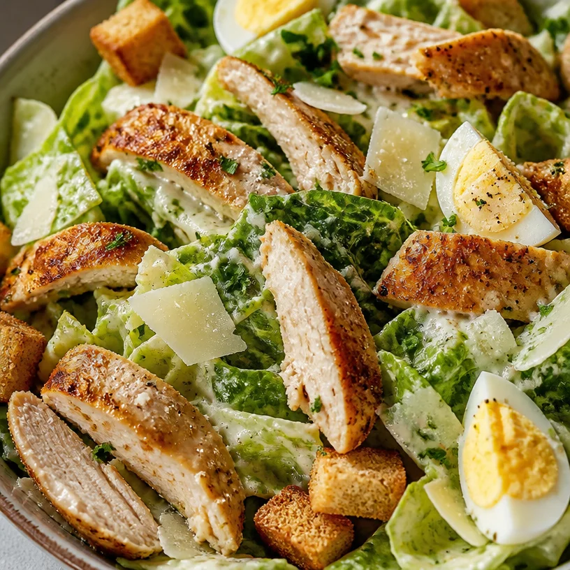 Healthy Chicken Caesar Salad with grilled chicken, lettuce, and caesar dressing