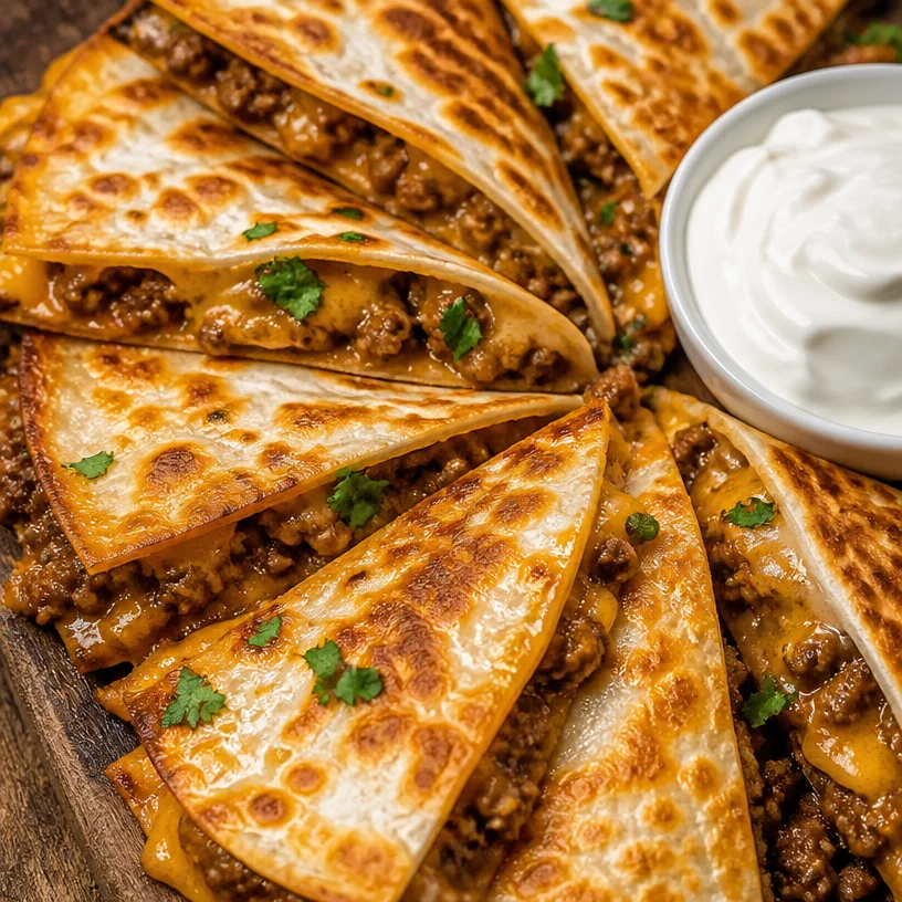 Cheesy ground beef quesadillas served with salsa and guacamole
