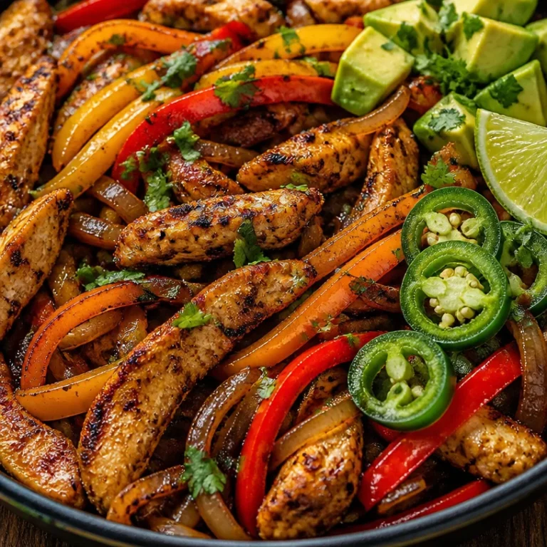 Delicious grilled chicken fajitas served on a plate with vibrant peppers and onions.