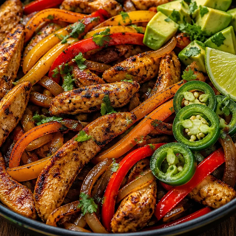 Delicious grilled chicken fajitas served on a plate with vibrant peppers and onions.